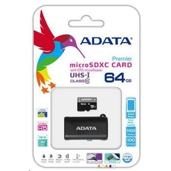Paměťová karta A-DATA microSDHC 64GB UHS-I + OTG čtečka AUSDX64GUICL10