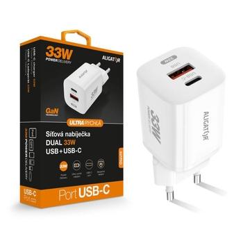 Chytrá GaN síťová nabíječka ALIGATOR Power Delivery 33W, USB-C + USB-A, bílá