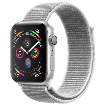 Chytré hodinky APPLE Watch Series 4 40mm stříbrný hliník s bílým provlékacím sportovním řemínkem, stříbrná/šedá (silver/gray)