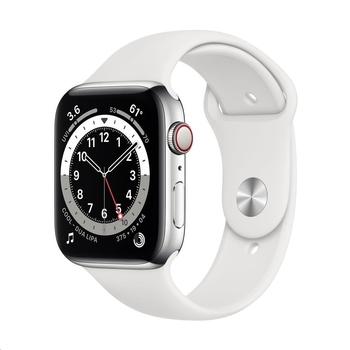 Chytré hodinky APPLE Watch Series 6 Cellular 44mm Stříbrný nerez s Bílým sprotovním řemínkem
