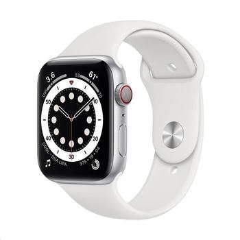 Chytré hodinky APPLE Watch Series 6 Cellular 44mm Stříbrný hliník s Bílým sprotovním řemínkem