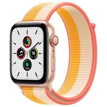 Chytré hodinky APPLE Watch SE GPS Cellular, 44mm zlatý hliník s žluto bílým provlékacím sport řemínkem