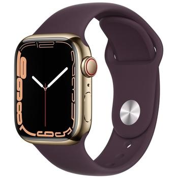 Chytré hodinky APPLE Watch S7 GPS Cellular, 41mm zlatý nerez s tmavě višňovým sport řemínkem