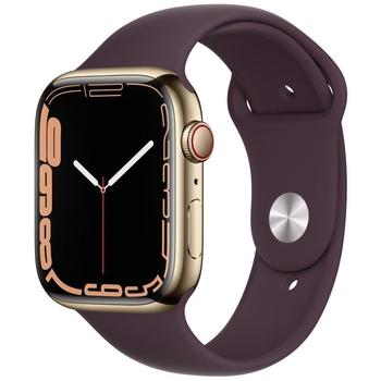 Chytré hodinky APPLE Watch S7 GPS Cellular, 45mm zlatý nerez s višňovým sport řemínkem