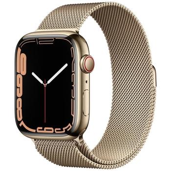 Chytré hodinky APPLE Watch S7 GPS Cellular, 45mm zlatý nerez se zlatým milánským tahem
