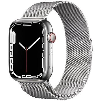 Chytré hodinky APPLE Watch S7 GPS Cellular, 45mm stříbrný nerez se stříbrným milánským tahem