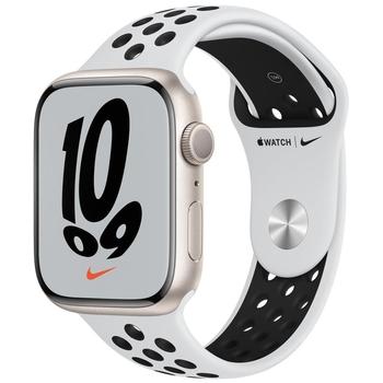 Chytré hodinky APPLE Watch Nike S7 GPS, 45mm hvězdně bílý hliník s platinovým / černým sport řemínkem