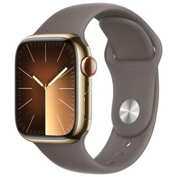 Chytré hodinky APPLE Watch Series 9 Cellular 41mm Zlatá ocel s jílově šedým sportovním řemínkem S/M