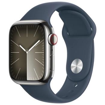 Chytré hodinky APPLE Watch Series 9 Cellular 41mm Stříbrná ocel s bouřkově modrým sportovním řemínkem S/M