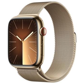Chytré hodinky APPLE Watch Series 9 Cellular 45mm Zlatá ocel se zlatým milánským tahem
