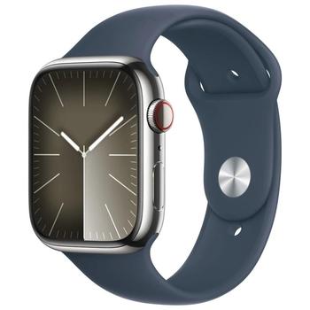 Chytré hodinky APPLE Watch Series 9 Cellular 45mm Stříbrná ocel s bouřkově modrým sportovním řemínkem S/M