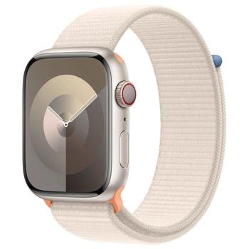 Chytré hodinky APPLE Watch Series 9 GPS + Cellular 45mm Starlight Aluminium Case with Starlight Sport Loop, stříbrno-bílá