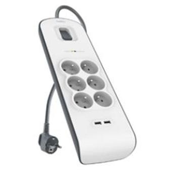 Přepěťová ochrana BELKIN SurgeStrip, 650J, 2xUSB, bílá/šedá (white/gray)