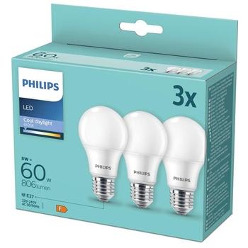 LED žárovka PHILIPS klasik, 8W, E27, chladná denní, 3ks