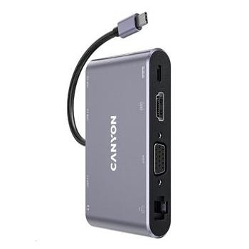 CANYON replikátor portů DS-14 8v1, 1xUSB-C PD 100W, 1xHDMI (4K), VGA, 3xUSB-A 3.0, RJ45 Gb, 3.5mm ja