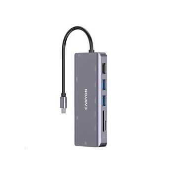 CANYON replikátor portů DS-11 9v1, 1xUSB-C PD 100W, 1xHDMI (4K), 3xUSB-A, RJ45 Gb, 3.5mm jack, SD/mi