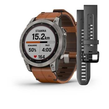 Chytré hodinky GARMIN fenix 7 PRO Sapphire Solar Style, Titan/ Brown Leather Band