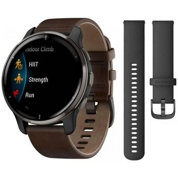 Garmin Venu 2 Plus, nerezová luneta Slate, pouzdro Slate, hnědý kožený řemínek