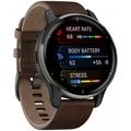 Garmin Venu 2 Plus, nerezová luneta Slate, pouzdro Slate, hnědý kožený řemínek