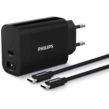 Nabíječka do sítě Philips 1x USB-C, 1x USB A + USB-C kabel 1m - černá