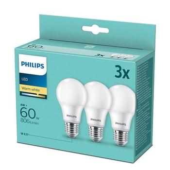 LED žárovka PHILIPS klasik, 8W, E27, teplá bílá, 3ks