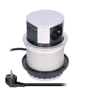 Solight prodlužovací přívod, 3 zásuvky+2xUSB, stříbrný, 1,5m, výsuvný blok zásuvek, kruhový tvar  PP