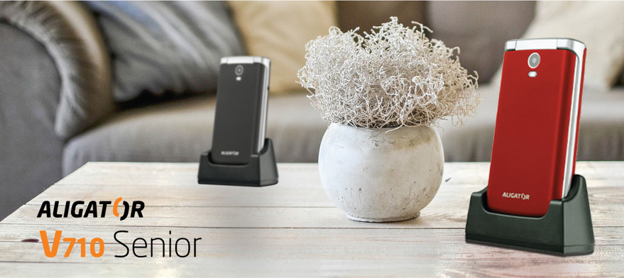 Mobilní telefon pro seniory + stolní nabíječka ALIGATOR V710 SENIOR černýstříbrný blacksilver